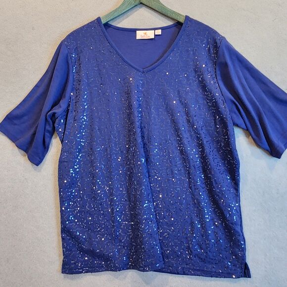 Quacker Factory Womens 1X Top Blue Sequins 3/4 Sleeve - Picture 1 of 7